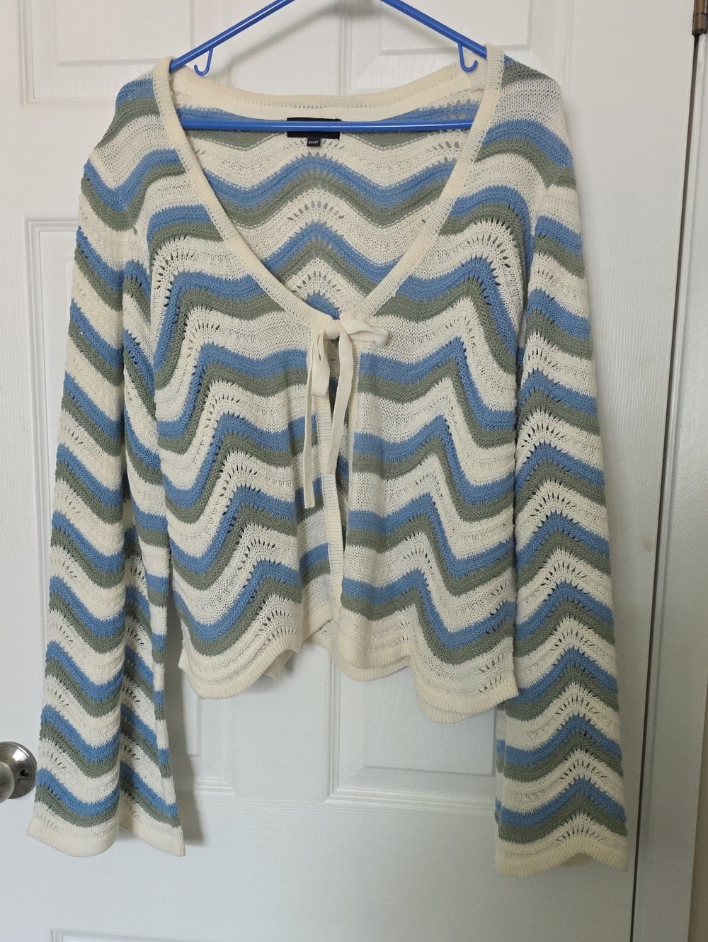 Chevron Tie-Front V-Neck Sweater in Cream with Blue & Sage Stripes